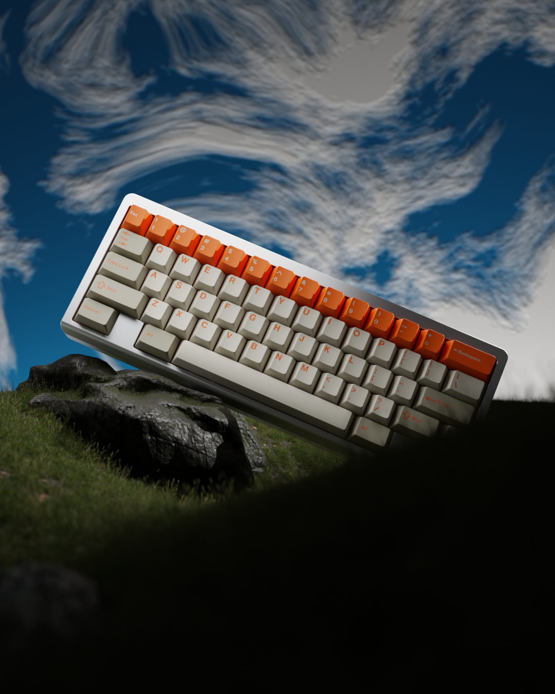 Dalco Mini keyboard with Orange Alert keycaps outdoors