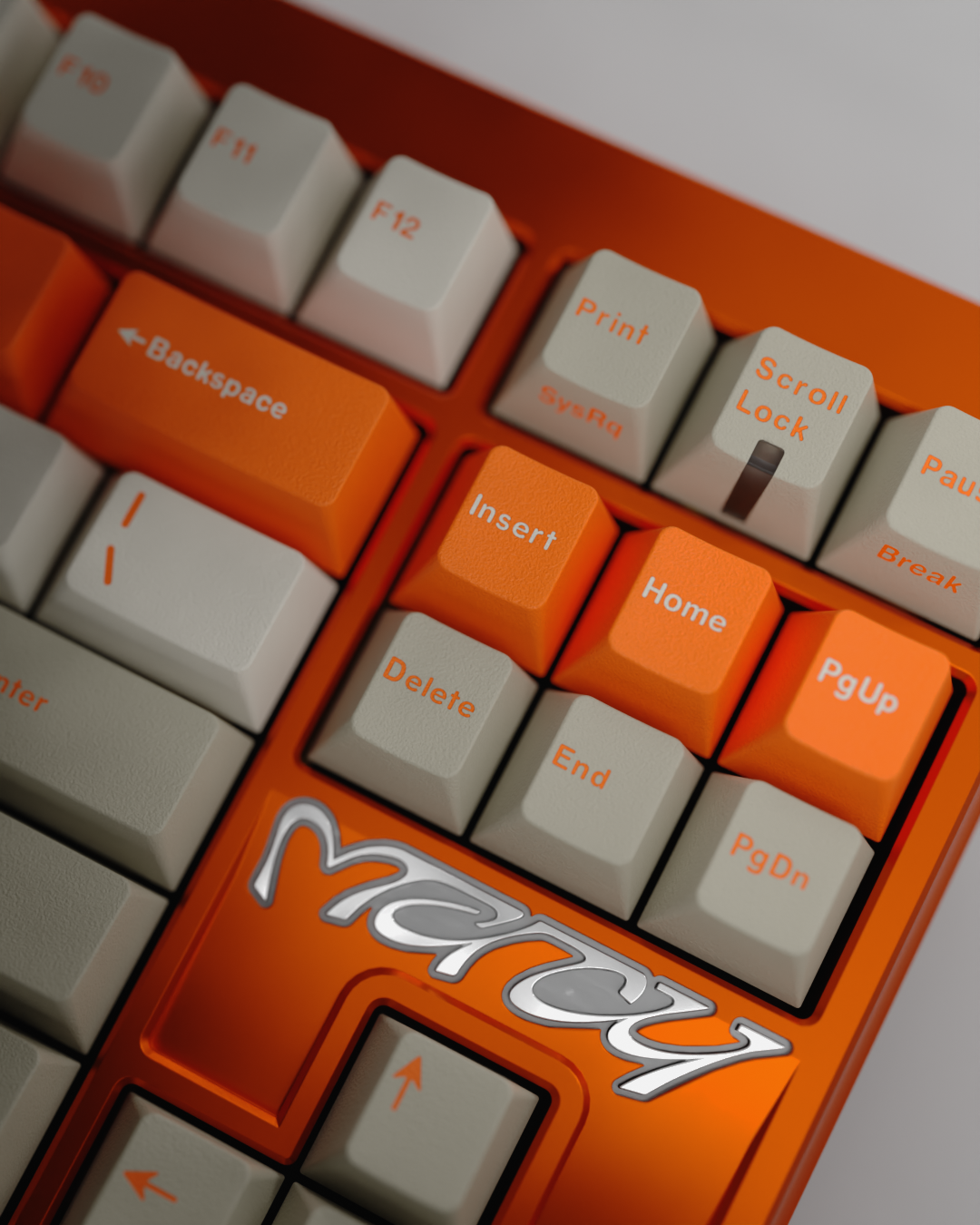 Orange Alert keycap close-up on a Marcy keyboard